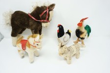 Steiff 5 Tiere im Bauernhof-Set, Pferd, Huhn, Hahn, Katze, Mohair, antik, alt