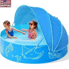 Foldable Kiddie Pool W/ Canopy Portable Water Play Summer Fun Outdoor Shade Blue