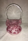 Fenton Art Glass Vasa Murrhina Basket Pink and White Splatter With Clear Handle