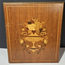 Vintage Mid Century Wooden Inlay Floral Marquetry Wall Art Plaque 13" X 15"