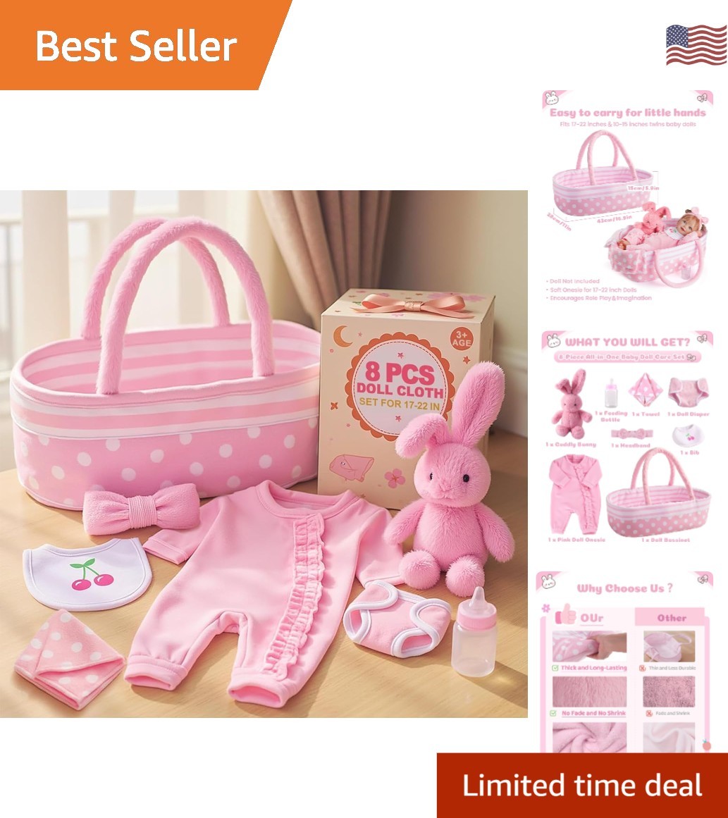 Complete 8 Piece Baby Doll Clothing Set with Reborn Bassinet