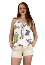 Floral Leaf Print Spaghetti Strap Tie Neck Blouse Tops Shirts White X-Large