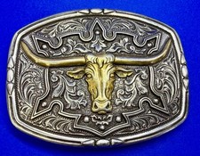 Longhorn Cow Bull Head Steer Two Tone Ornate Rodeo Cowboys Nocona Belt Buckle