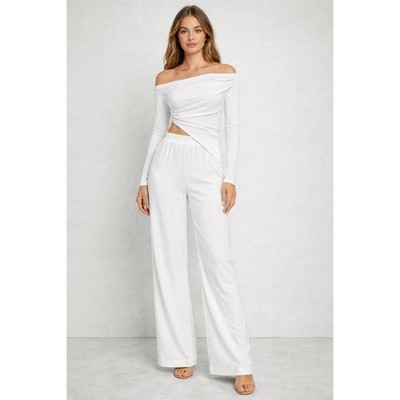Micas Off Shoulder Ruched Asymmetric Top And Straight Leg Pants Set Size Small