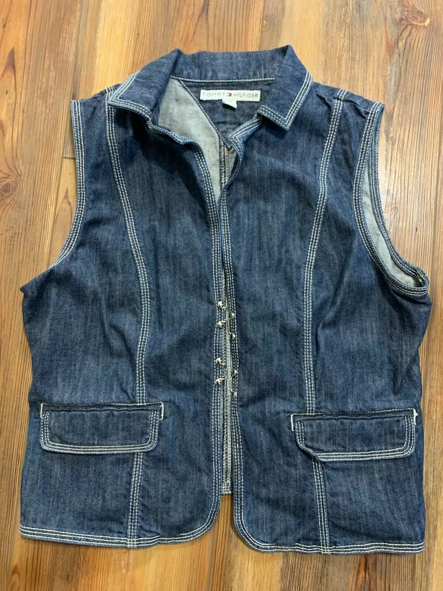 Tommy Hilfiger Denim Vest Hook Eye Blue Contrast Stitch Vintage size L