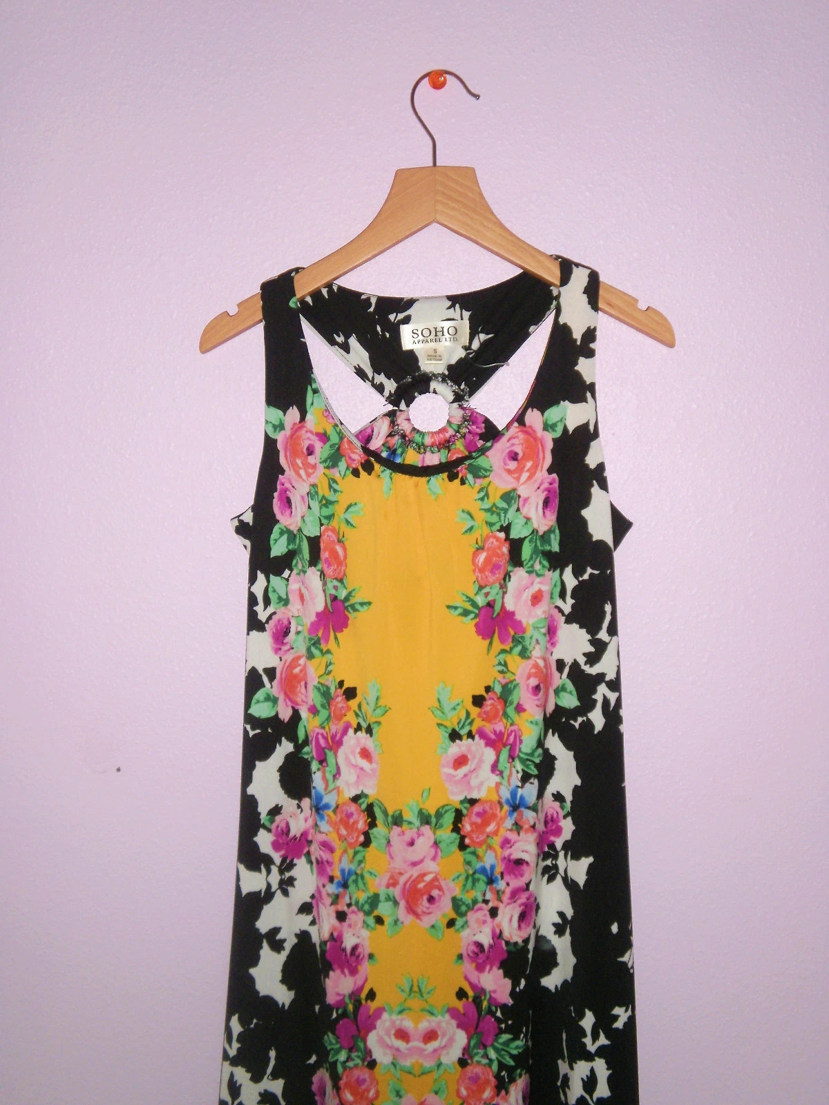 VETEMENTS Soho Apparel Maxi Abito Piccolo Nuovo Con Etichetta Nero E Giallo Stampa Floreale