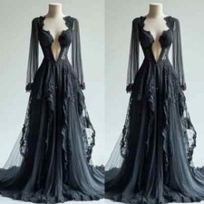 Gothic Black Wedding Dresses Long Sleeves Victoria A Line Deep Neck Bridal Gowns