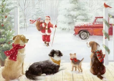 Red Truck  Santa Approaching Dogs on Porch Box of 18 Christmas Cards