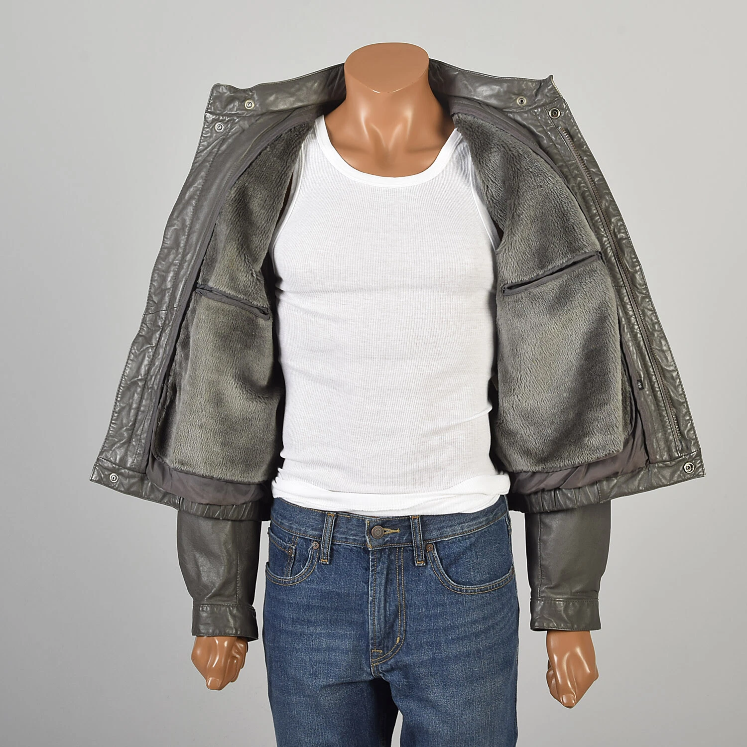  1980s leather bomber shearling lined snap front lightweight jacket