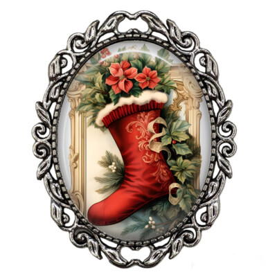 Vintage Christmas Card Ephemera Retro Stocking Pin Scarf Sweater Holiday Brooch