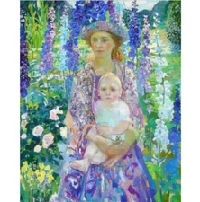 High-quality handmade Oil painting portrait young mother with baby in spring
