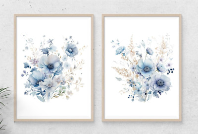 Blue Flowers Bouquets, Set of 2 Art Prints, Floral Wall Art Decor, Home ...