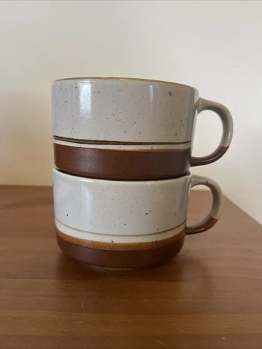 2 Vintage Stacking Glazed Stoneware Coffee Mugs Brown & Gray Oversize 12 Oz.