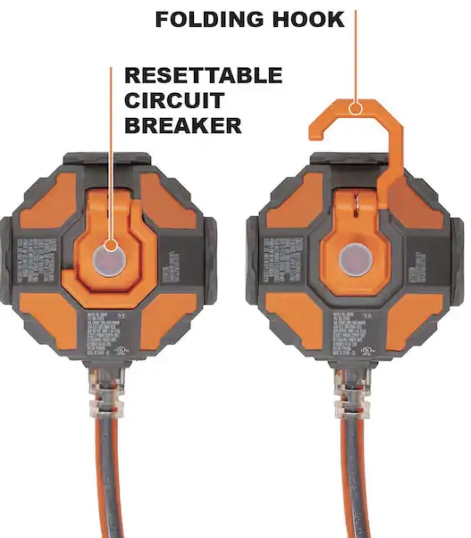 RIDGID 3 Outlet Power Ball Extension Cord Plus 2USB Ports Heavy