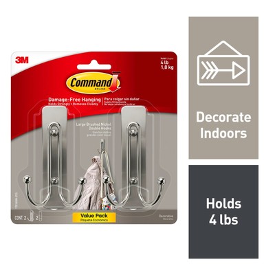 Command Large Double Wall Hooks, Brushed Nickel, Damage Free Decorating, 2 Hooks