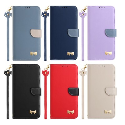 Hardware bow tie Card Holder Flip Leather  With  Strap Crossbody Phones Case