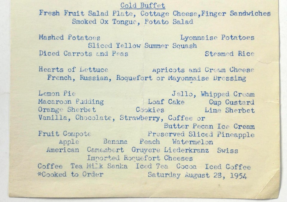 1954 Original Vintage Lunch Menu THE FARRAGUT HOTEL Rye Beach New