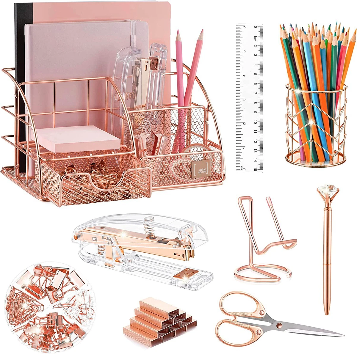 Rose Gold Desk Organizers and Stapler Set Include Desk Organizer Phone Holder