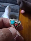 Vintage Southwestern Sterling Silver Turquoise Red Coral Ring With Eagle Size 10
