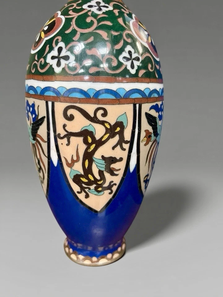 古董日本 Cloisonné 花瓶带龙和凤凰图案,日本飞凰花纹 — 第 3/4 张图片