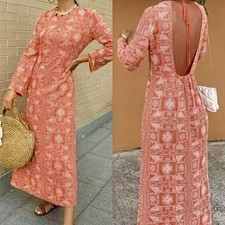 ZARA Long Embroidered Dress, open back, XS Coral, Influencer favorite Tie Neck