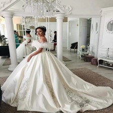 Luxury Feather Lace Ball Wedding Dresses Satin Applique Off Shoulder Bridal Gown