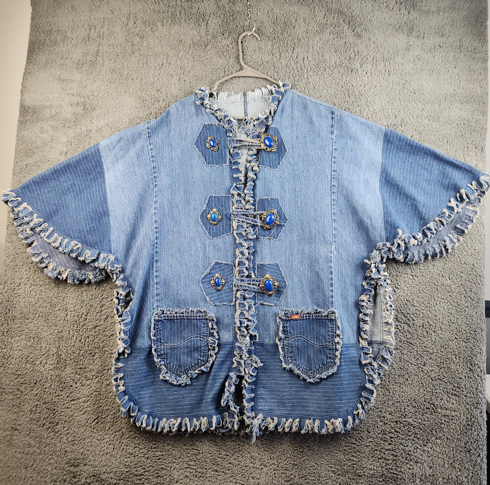 Handmade Denim Patchwork Poncho Jacket Fringe Boh… - image 1