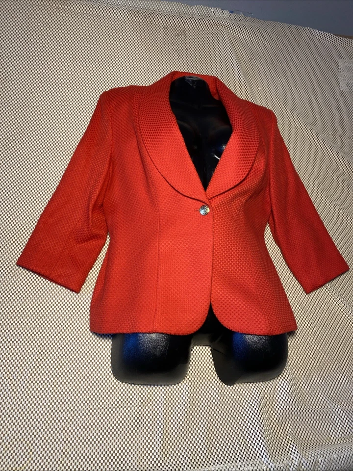 Chaqueta Blazer Bob Mackie Studio Mujer 14 Rojo Texturizado Botón Forrado Carrera Foto 3 de 4