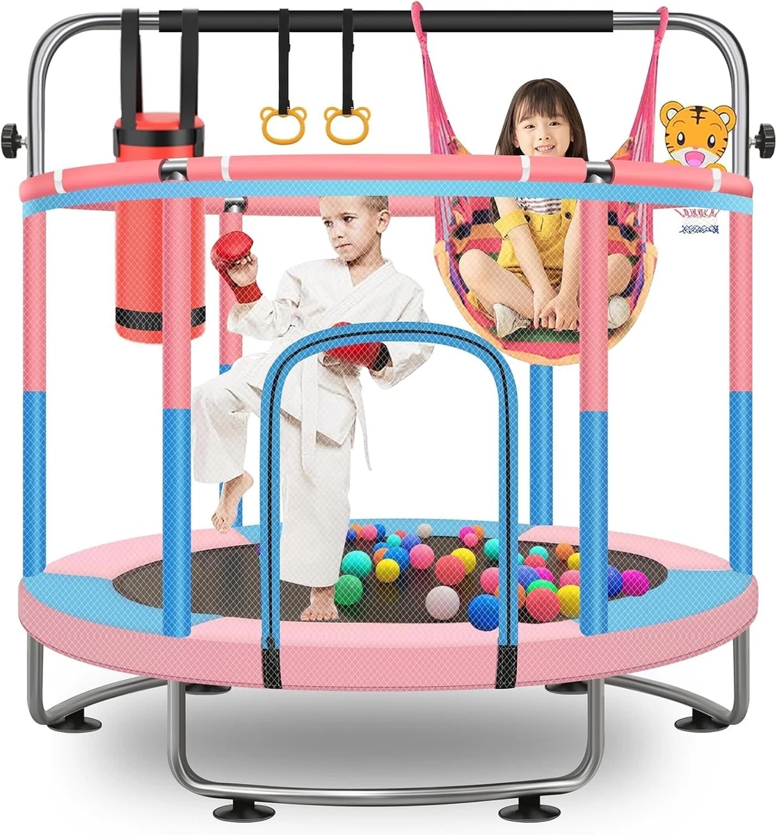 Haibinsuo 5FT Kinder-Trampolin, verstellbares Baby-Kleinkind-Trampolin, Mini-Kreis-Trampolin mit Basketballkorb, Schaukel, Sandsack, Ozeanbälle, Sicherheitsnetz für Kinder ab 1 Jahr, für drinnen und