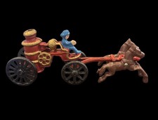 Vintage Metal Cast Iron Fireman Horse Drawn Fire Truck Engine Wagon