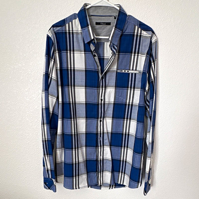 7 Diamonds Men's 2XL Blue White Gray Plaid Long Sleeve Button-Up Shirt
