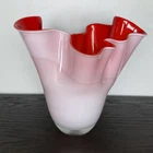Vintage Murano Style Art Glass Fazzoletto Red White Handkerchief Vase, 8.5 in.
