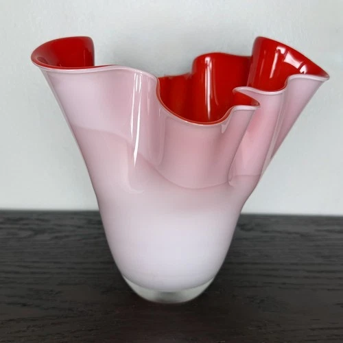 Vintage Murano Style Art Glass Fazzoletto Red White Handkerchief Vase, 8.5 in.