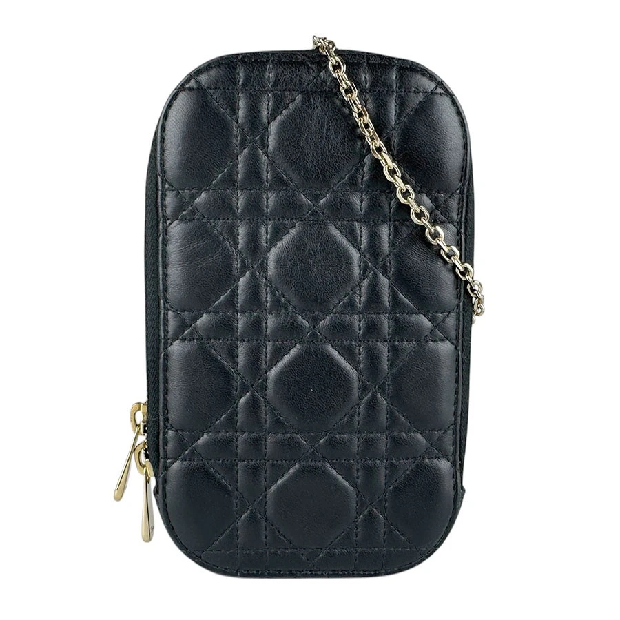 Dior — Auth Christian Dior Smartphone Case Phone Pouch Black/Gold Lambskin/Metal z9108