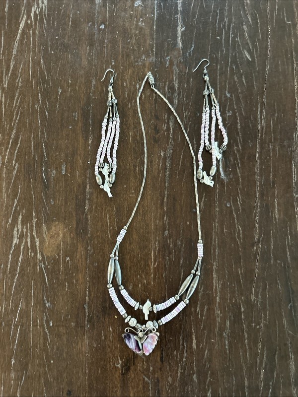 Zuni Style Necklace and Earrings Set Heishi Beads, Bird Fetish, Butterfly