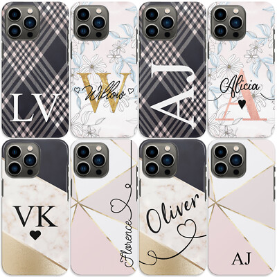 Personalisierte Handyhülle Initiale für iPhone 13/12/11 Rosa Blumen Karo Hardcover
