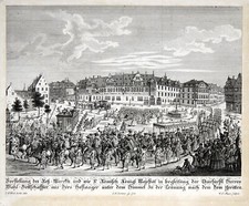 Frankfurt Kr&ouml;nung 1745 Rossmarkt Original Kupferstich Mayr 1746