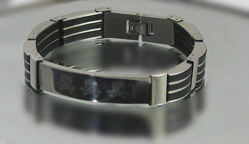 Bracelet Gourmette Homme ADO Garcon Tête Mort Acier Inox Caoutchouc