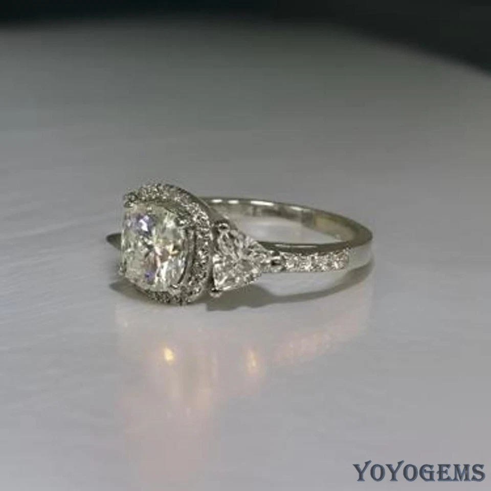 Solid 14K White Gold Moissanite Three Stone Engagement Ring 3.50 CT Cushion Cut - Image 3 of 4