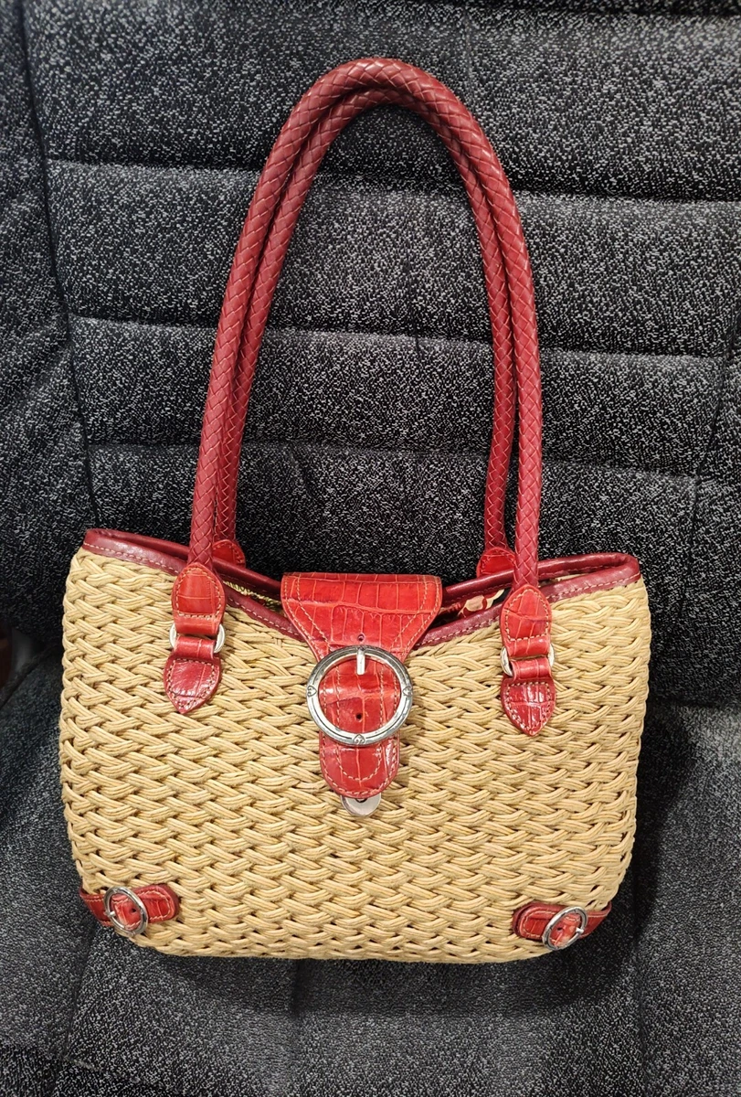 Brighton Red Leather Handbag Natural Woven Straw w Silver Buckle Accents RARE