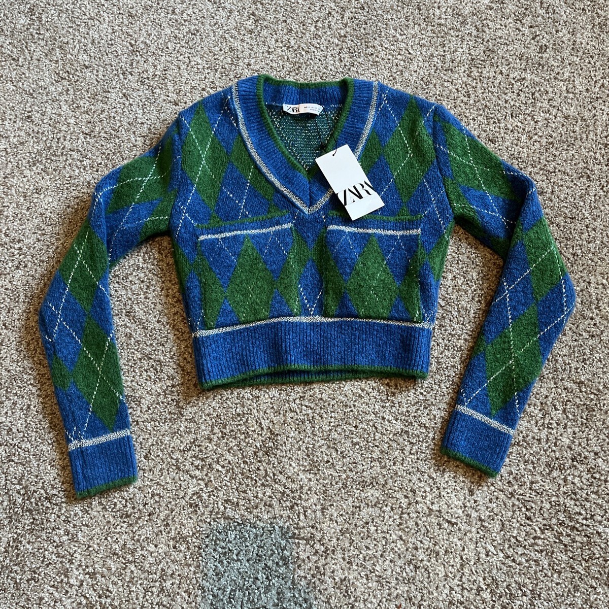 Green Zara Argyle Sweater ZARA CHUNKY Argyle Sweater XSMALL New