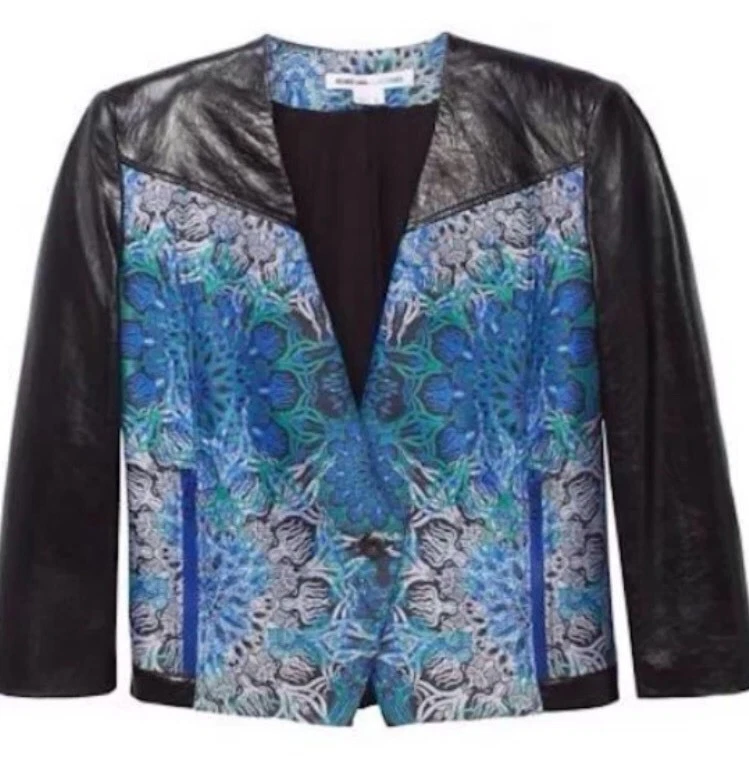 $995 Helmut lang Azul Verde Jacquard/Tapiz Negro Cuero Chaqueta/Blazer 8 Foto 2 de 4