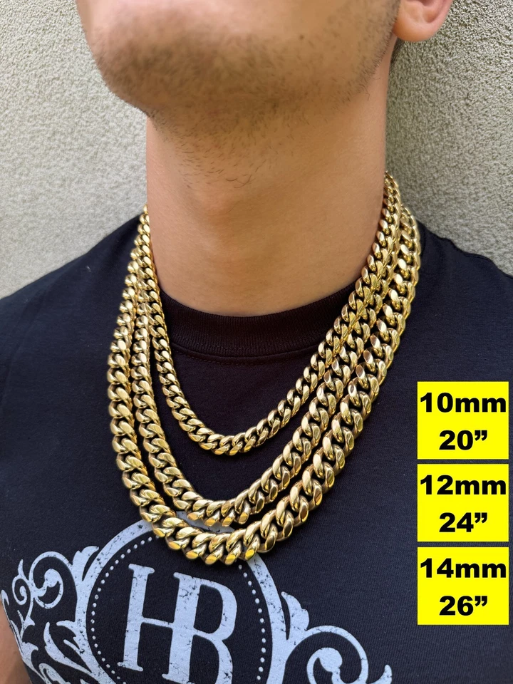 Miami Cuban Link Chain Necklace Bracelet 14k Gold Plated Stainless Steel 4-18mm - Image 4 of 4