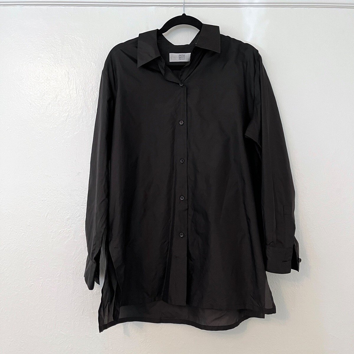 DKNY CITY black 100% SILK button down shirt oversized minimalist 