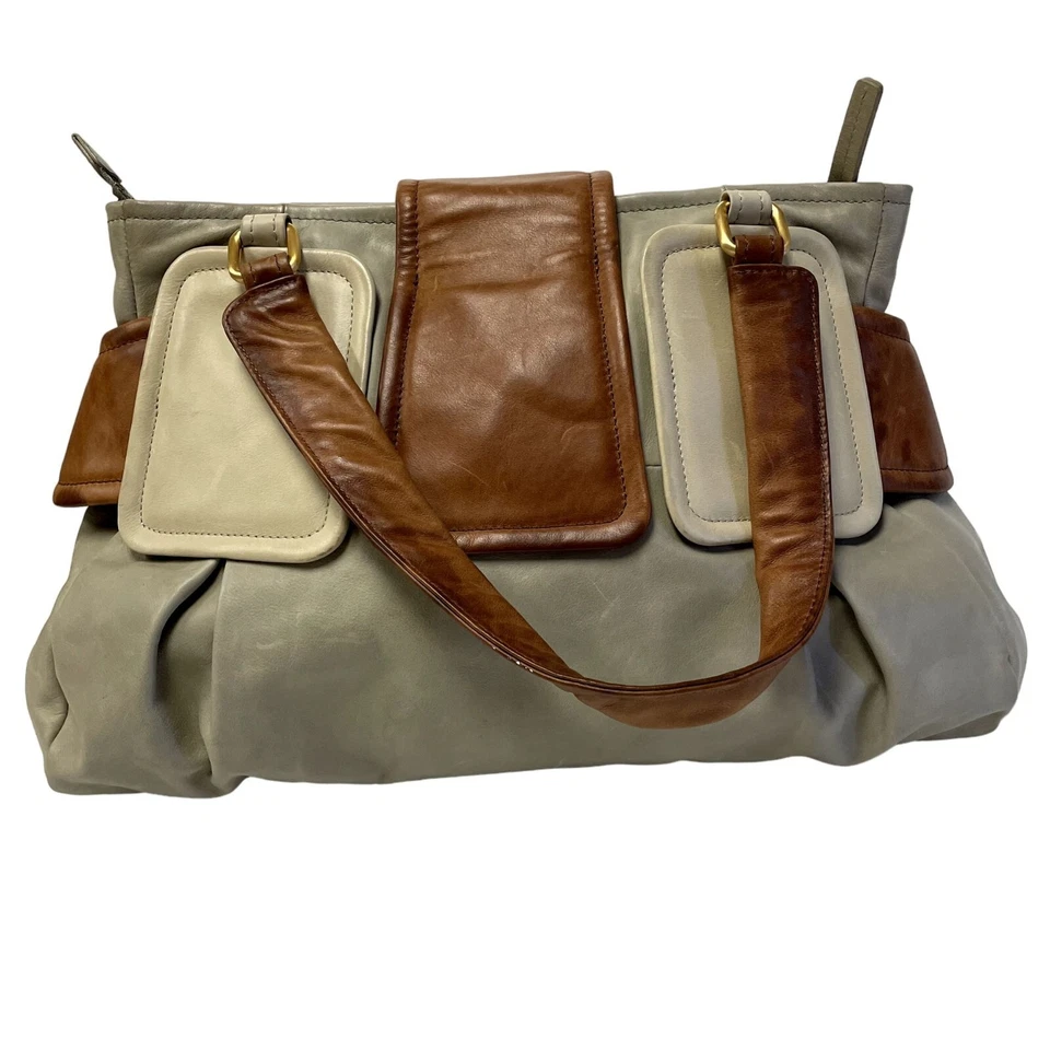 Vtg Style Sondra Roberts 2 Tone Bone Brown Leather Hand Bag BOHO Shoulder Purse - Image 3 of 4