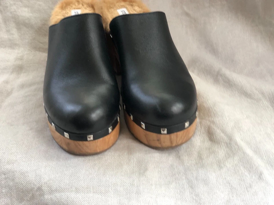 Zuecos Steve Madden Brooklyn para mujer 9,5 M con plataforma de madera forrados de cuero negro Foto 3 de 4