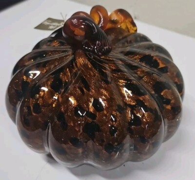 Pier One/Art Glass Hand Blown Gold Swirl Leppard Pumpkin Curly Stem 9 