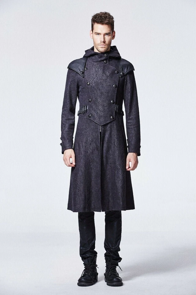 Abrigo Punk Rave Assassin's Creed Para Hombre Con Capucha Militar Gótico Negro Brocado Foto 2 de 4