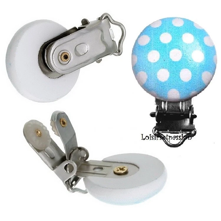 Clip Pince tétine Bois, Bleu Pois Blanc, Attache doudou, passant 10 mm - B09 - Photo 2/3