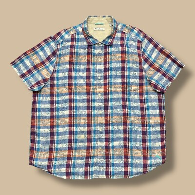 Tommy Bahama Linen Shirt Plaid Leaf Print Button Up Mens XXL